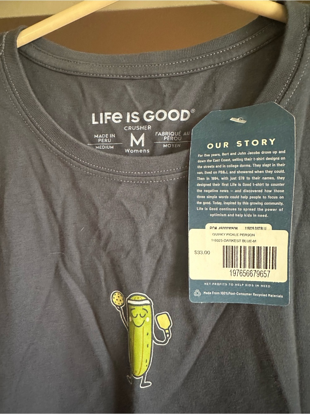 Life Is Good Dark Blue Short Sleeve Tee with Smiling Pickle Graphic